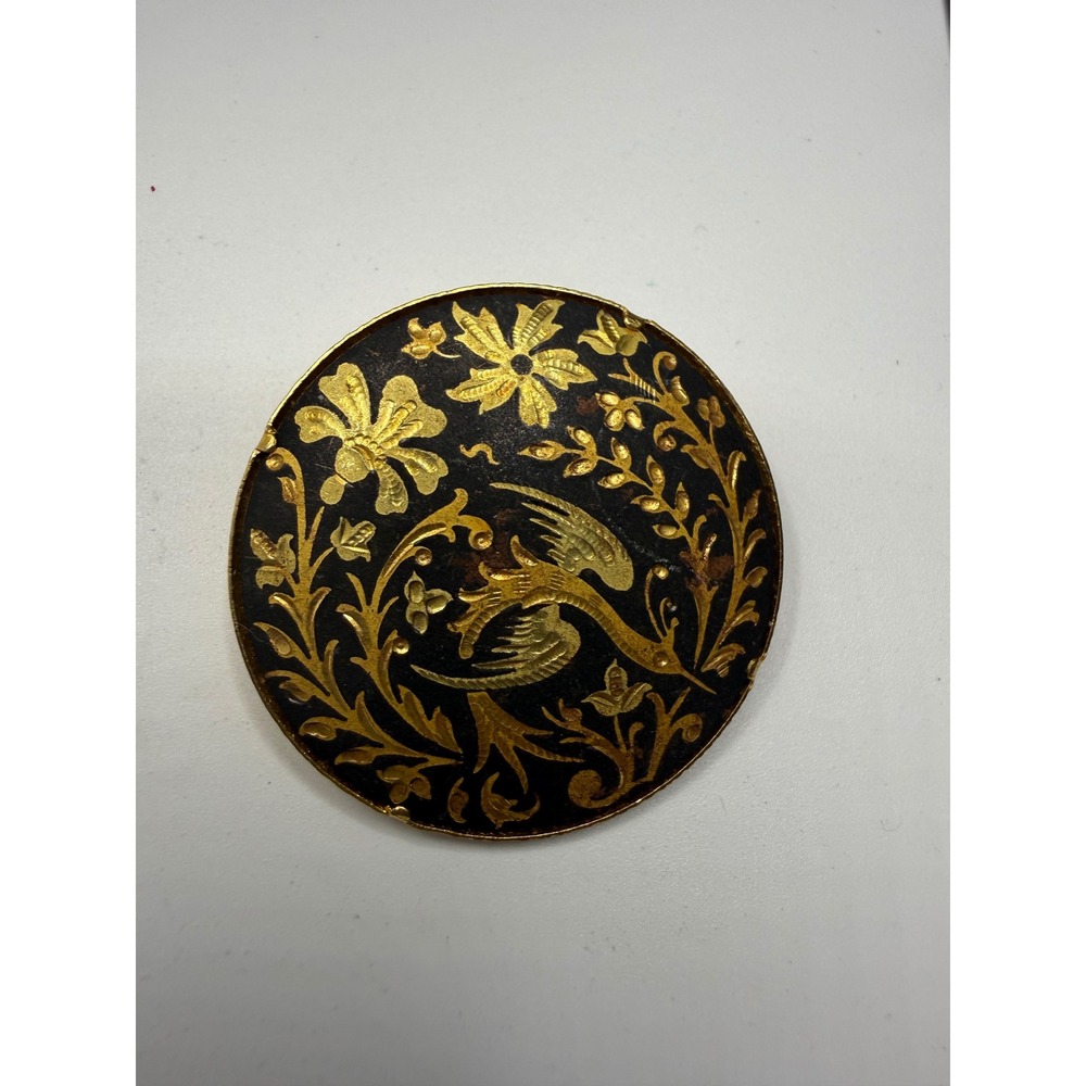 Vintage Damascene Brooch Pin Gold Bird Floral Black Enamel Round 1.5 Inch